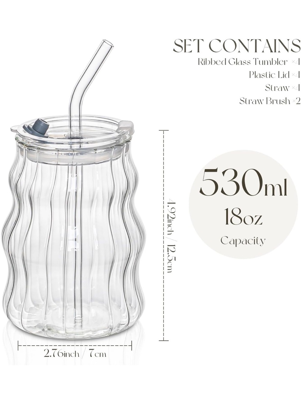 4 Pack Clear Ribbed Glass Tumblers with Lids & Straws - 530ml